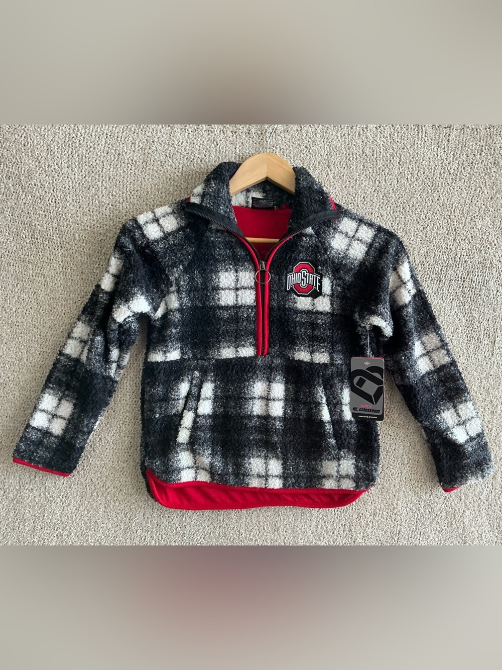 Ohio State Kids' Black & White Plaid Sherpa Pullover with Red Trim